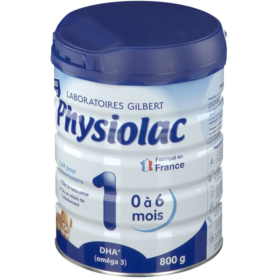 Boîte de lait infantile bleu et blanc. Texte: Physiolac 1, 0-6 mois, 800 g. Avec logo drapeau français.