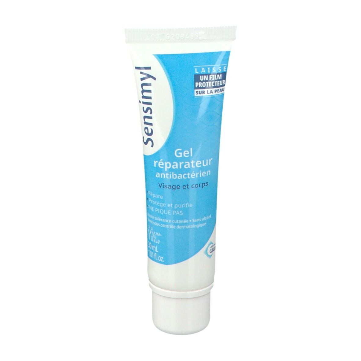Blaue Tube mit weißem Verschluss. Aufschrift Sensimyl, Gel réparateur antibactérien. Text in Französisch.