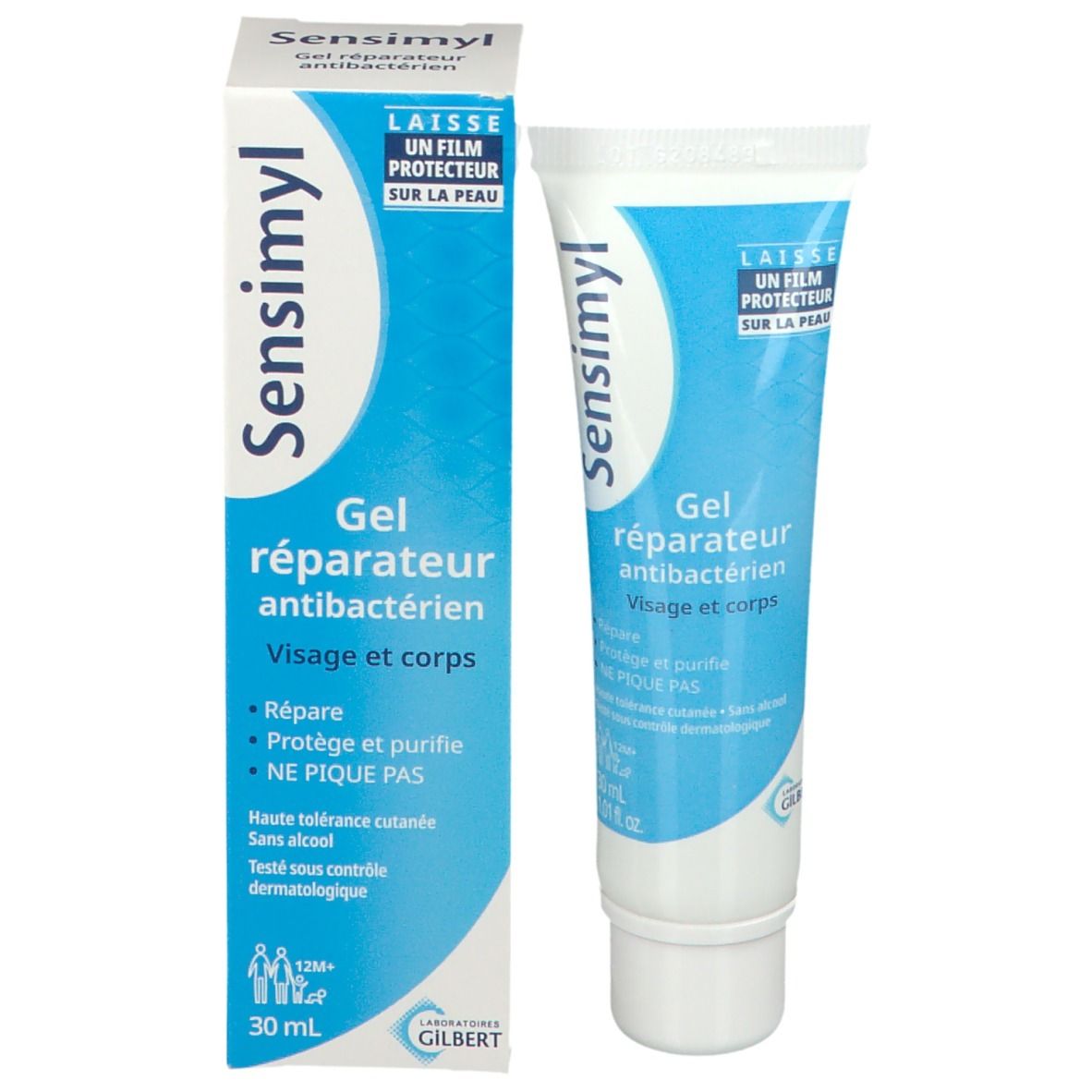 Produktverpackung mit Tube und Schachtel. Aufschrift Sensimyl, Gel réparateur antibactérien. 30 ml.