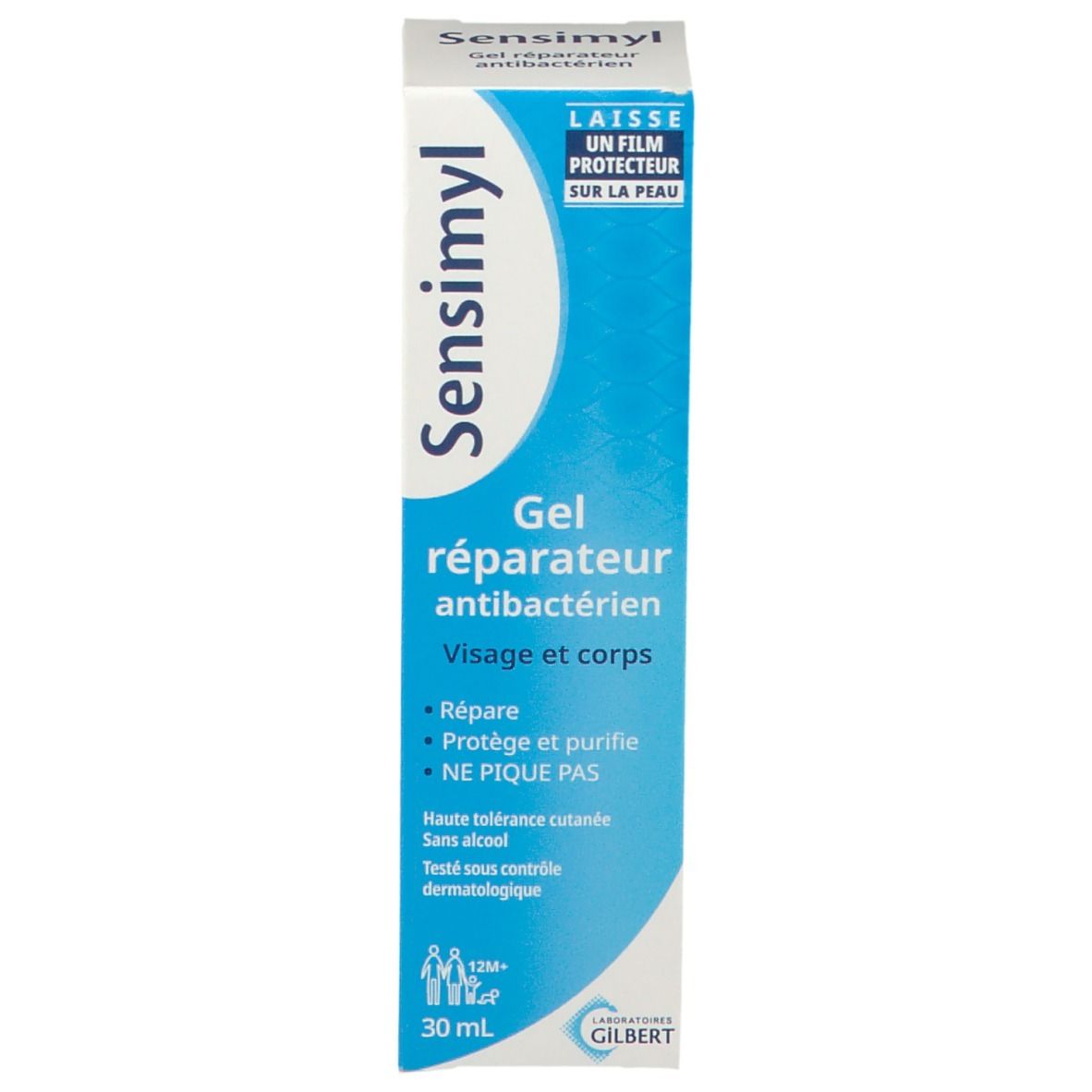Produktverpackung, Schachtel. Aufschrift Sensimyl, Gel réparateur antibactérien. 30 ml.