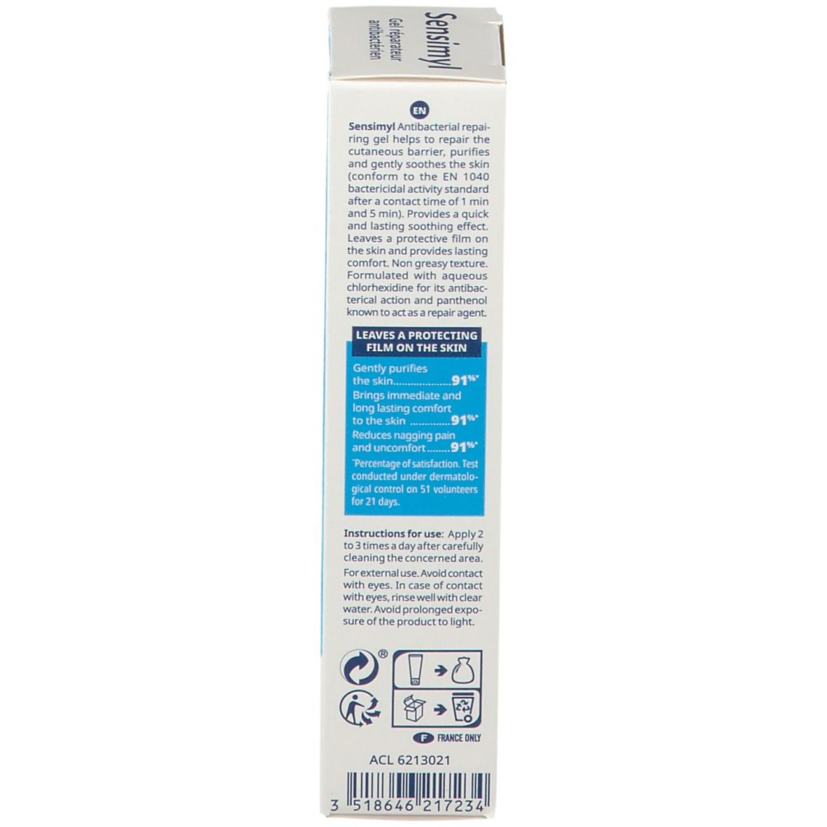 Schachtel, Rückseite. Text in Englisch und Französisch. Produktinformationen und Inhaltsstoffe.