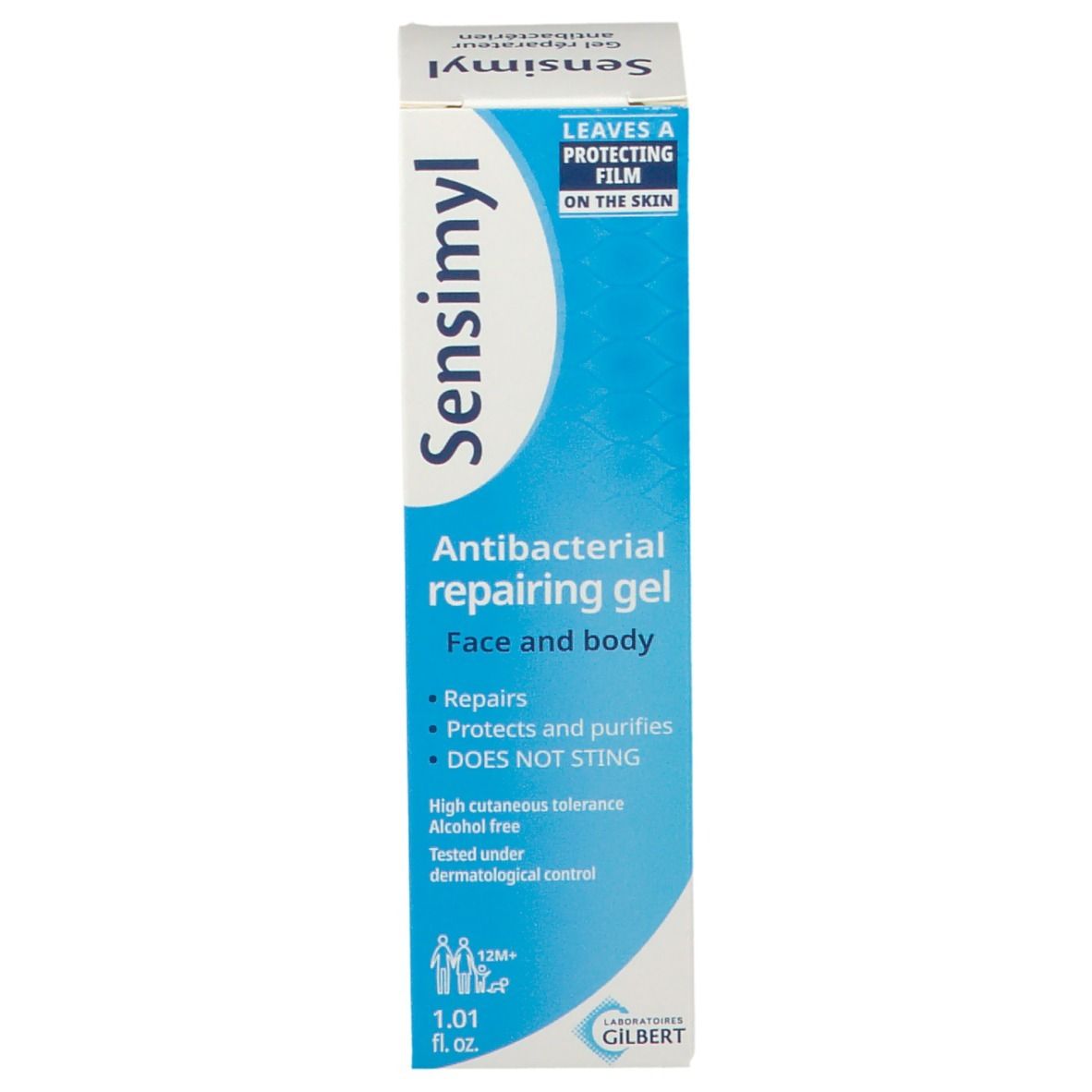 Schachtel, Vorderseite. Aufschrift Sensimyl, Antibakterielles Repair-Gel. 1.01 fl. oz.