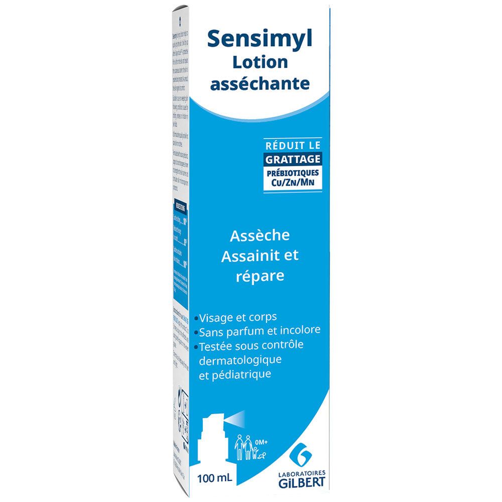 Emballage et flacon de lotion Sensimyl. Emballage blanc avec accents bleus. Réduit les démangeaisons, assèche, assainit et répare.