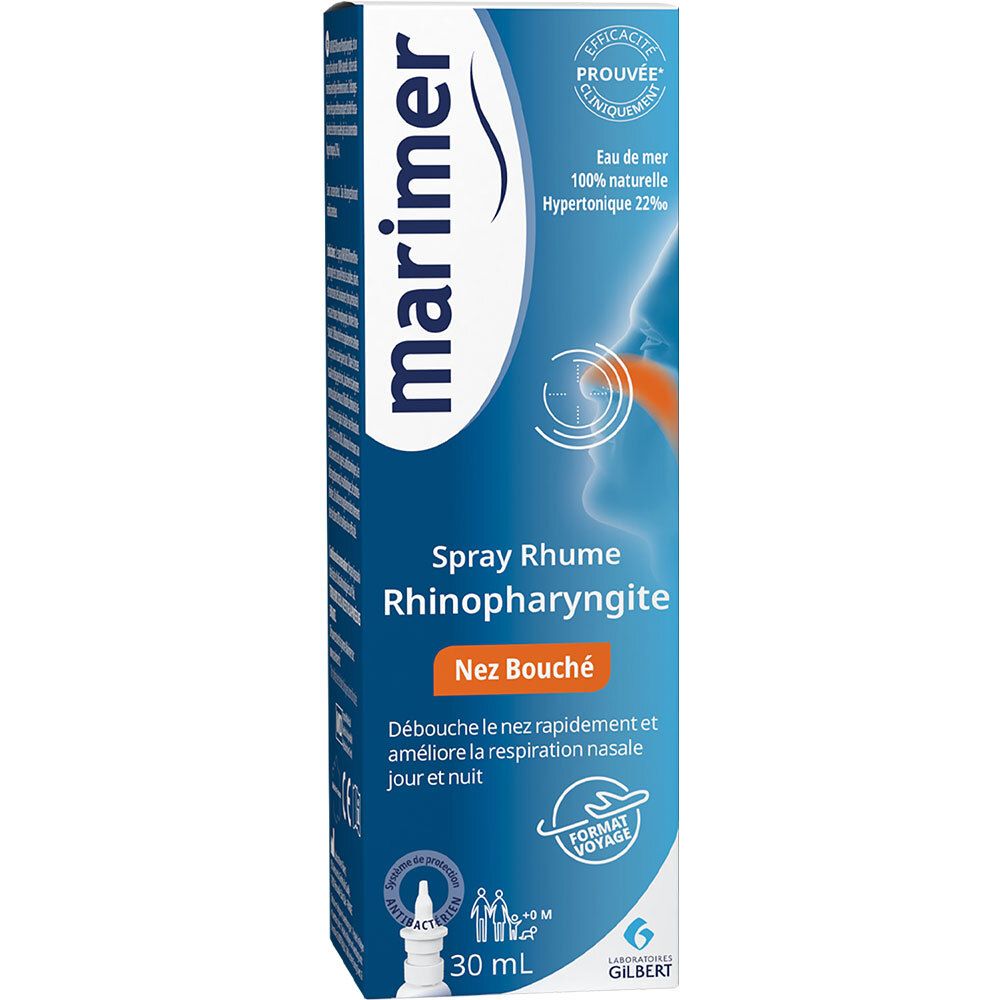 Boîte de spray nasal. Inscription : marimer, Spray Rhume Rhinopharyngite, Nez bouché. Contient 30 ml.