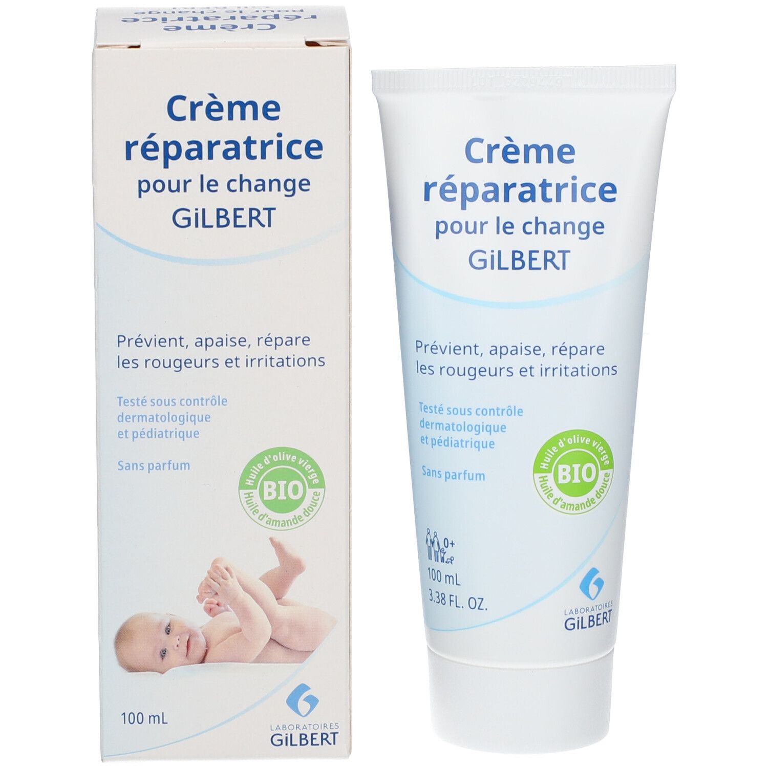Productverpakking met tube en doos. Opschrift: Crème réparatrice pour le change GILBERT. Met bio-label en baby-illustratie.