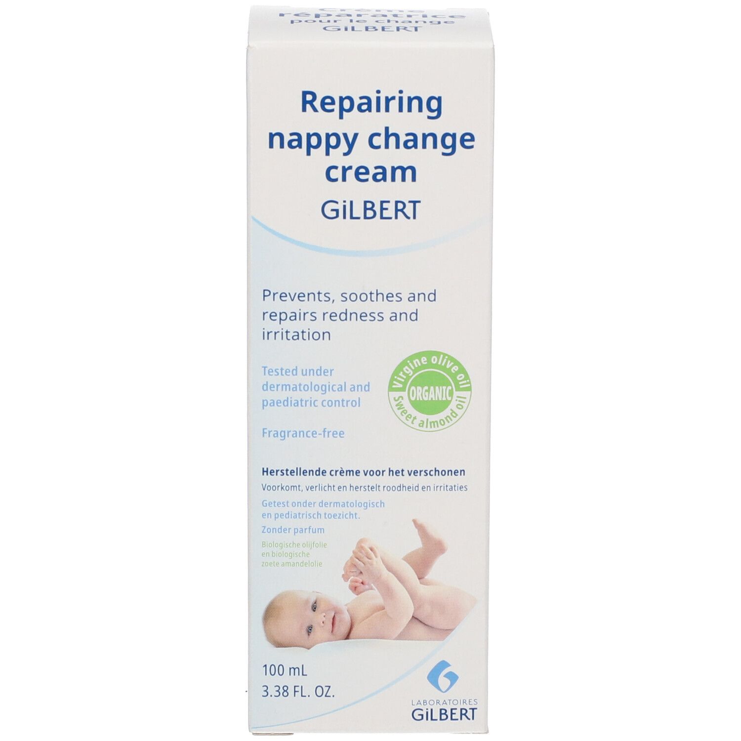 Witte productverpakking met blauwe tekst. Opschrift: Repairing nappy change cream GILBERT. Met baby-illustratie.
