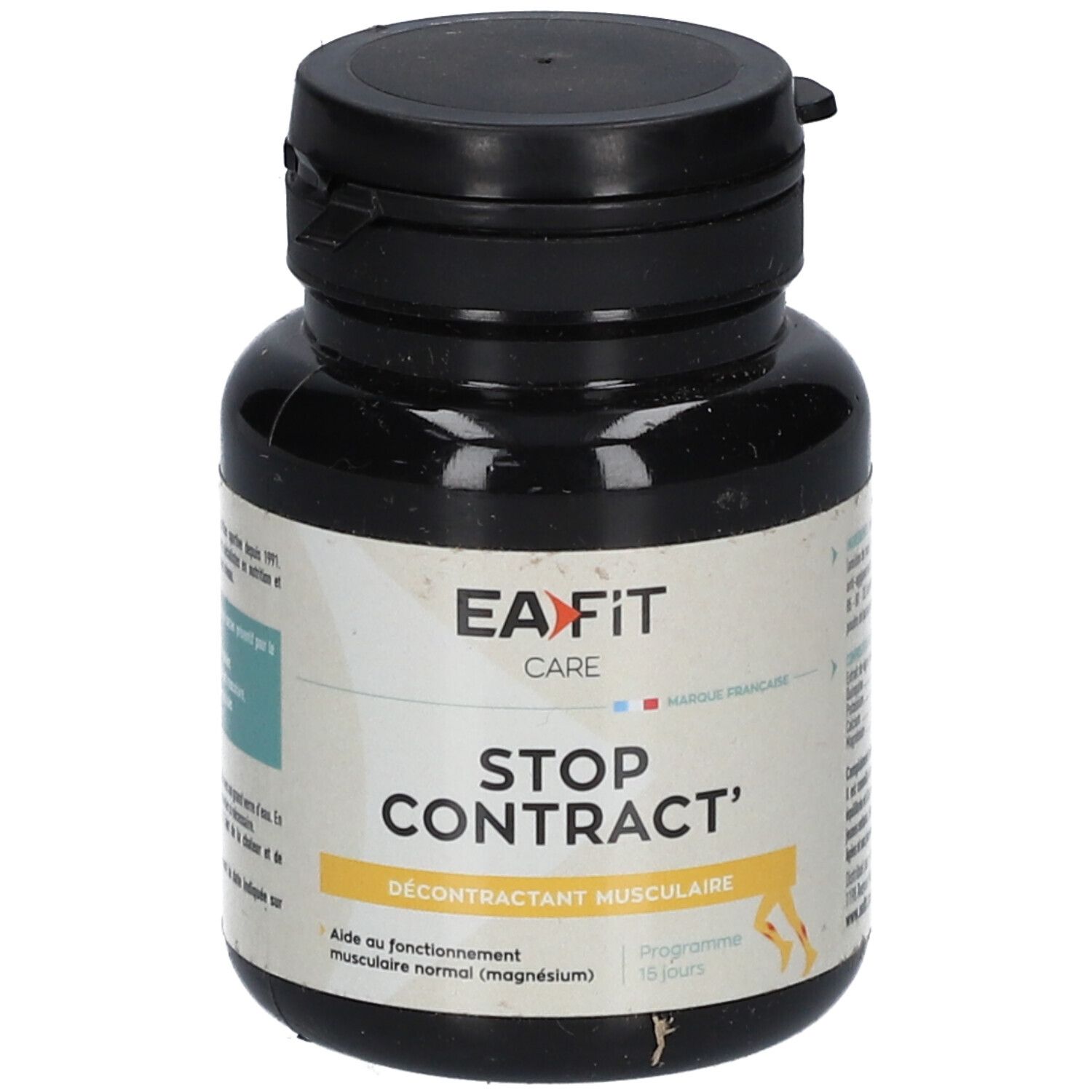 Flacon noir "EA-FIT CARE STOP CONTRACT'" avec bande jaune "Décontractant musculaire".