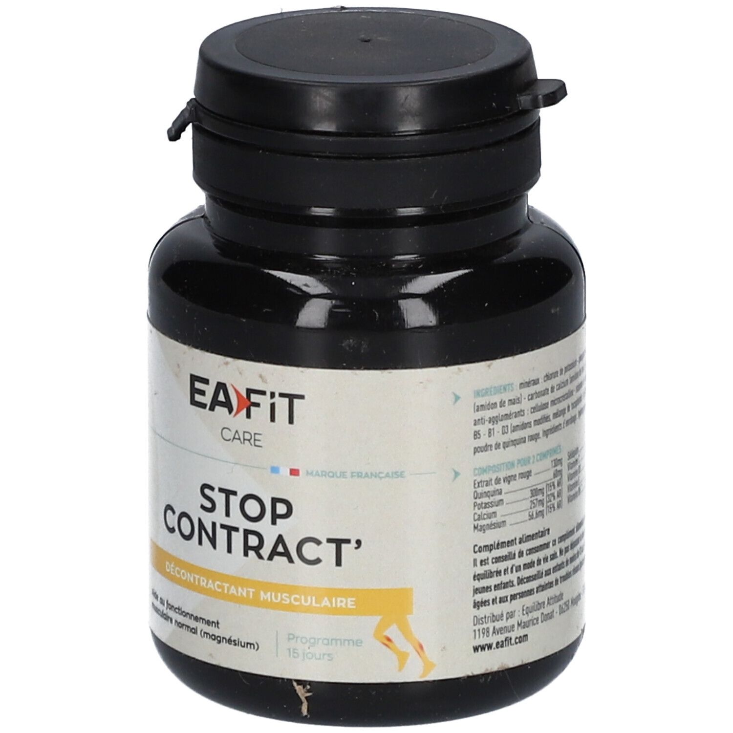 Flacon noir "EA-FIT CARE STOP CONTRACT'" avec bande jaune "Décontractant musculaire".