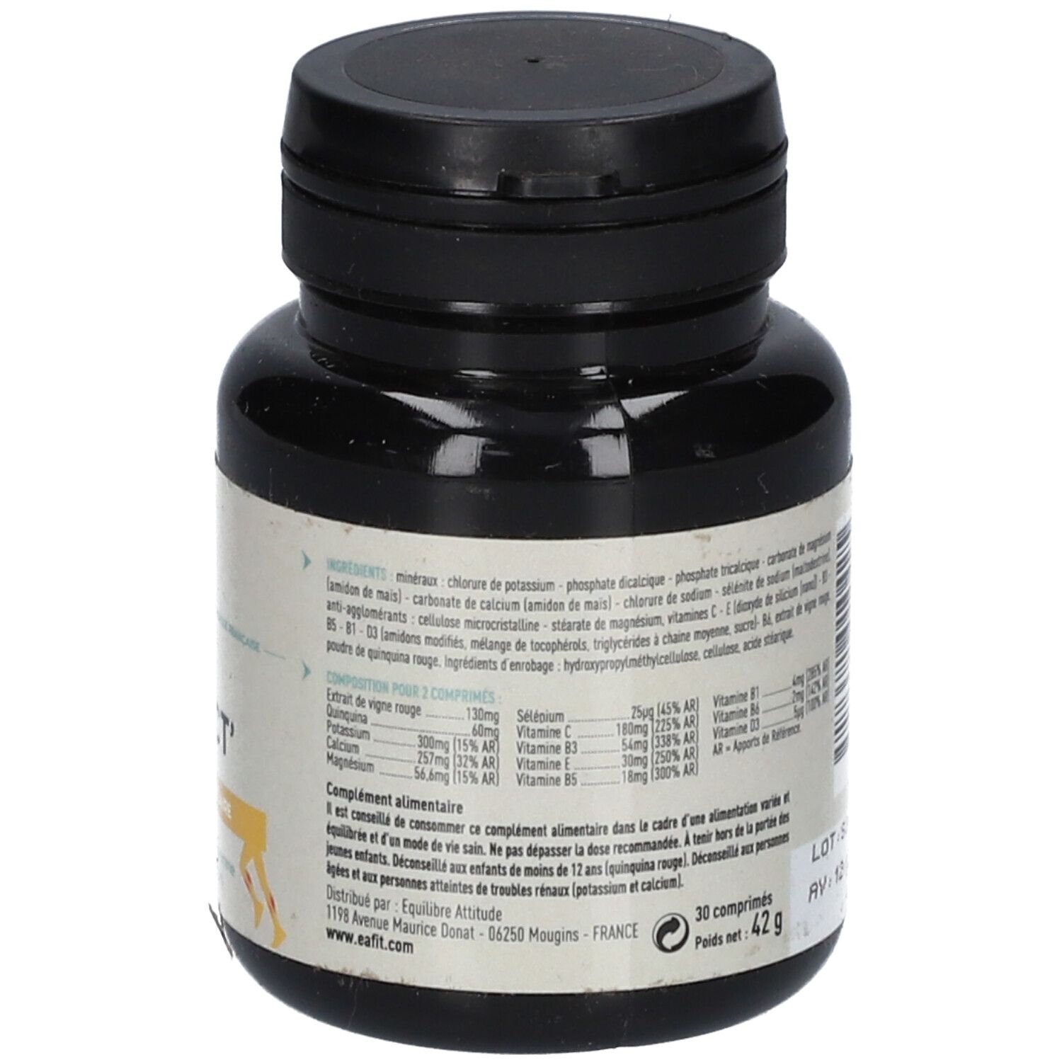 Flacon noir avec étiquette. Texte: "30 comprimés", "42 g".