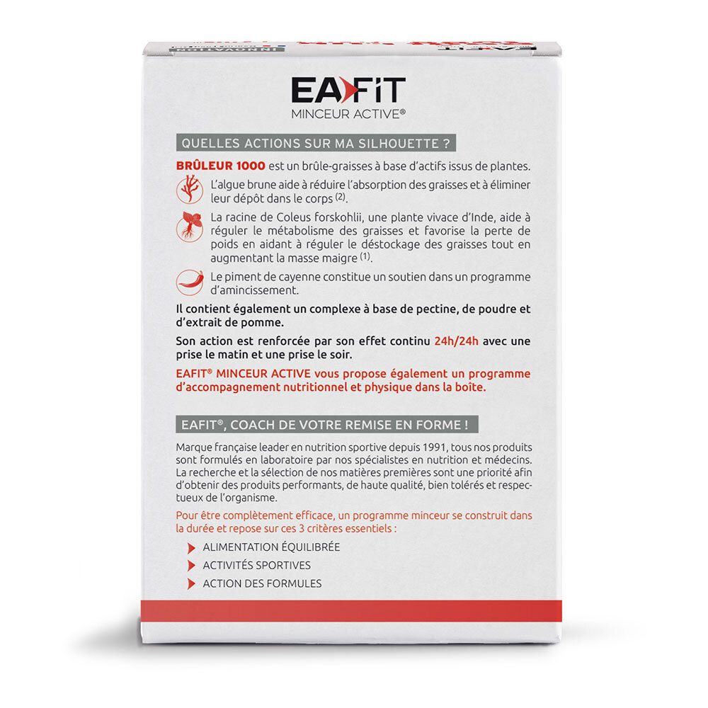 Rückseite der Verpackung von EA Fit Brenner 1000. Textinformationen über das Produkt und seine Inhaltsstoffe.