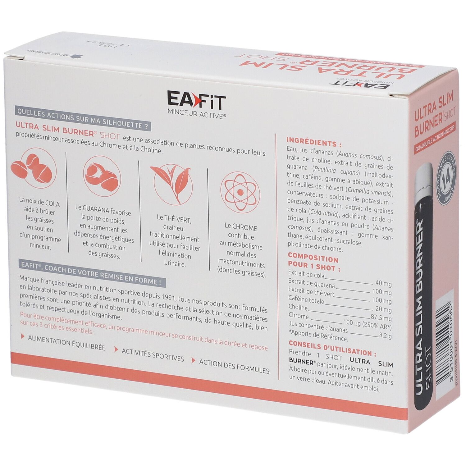 Dos de la boîte EA-FIT Ultra Slim Burner Shot. Liste des ingrédients et informations.