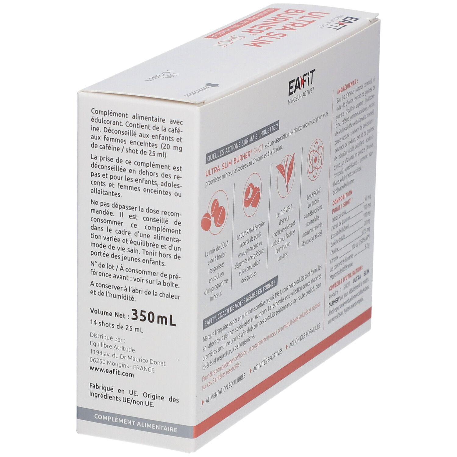 Côté de la boîte EA-FIT Ultra Slim Burner Shot. Informations et avertissements.
