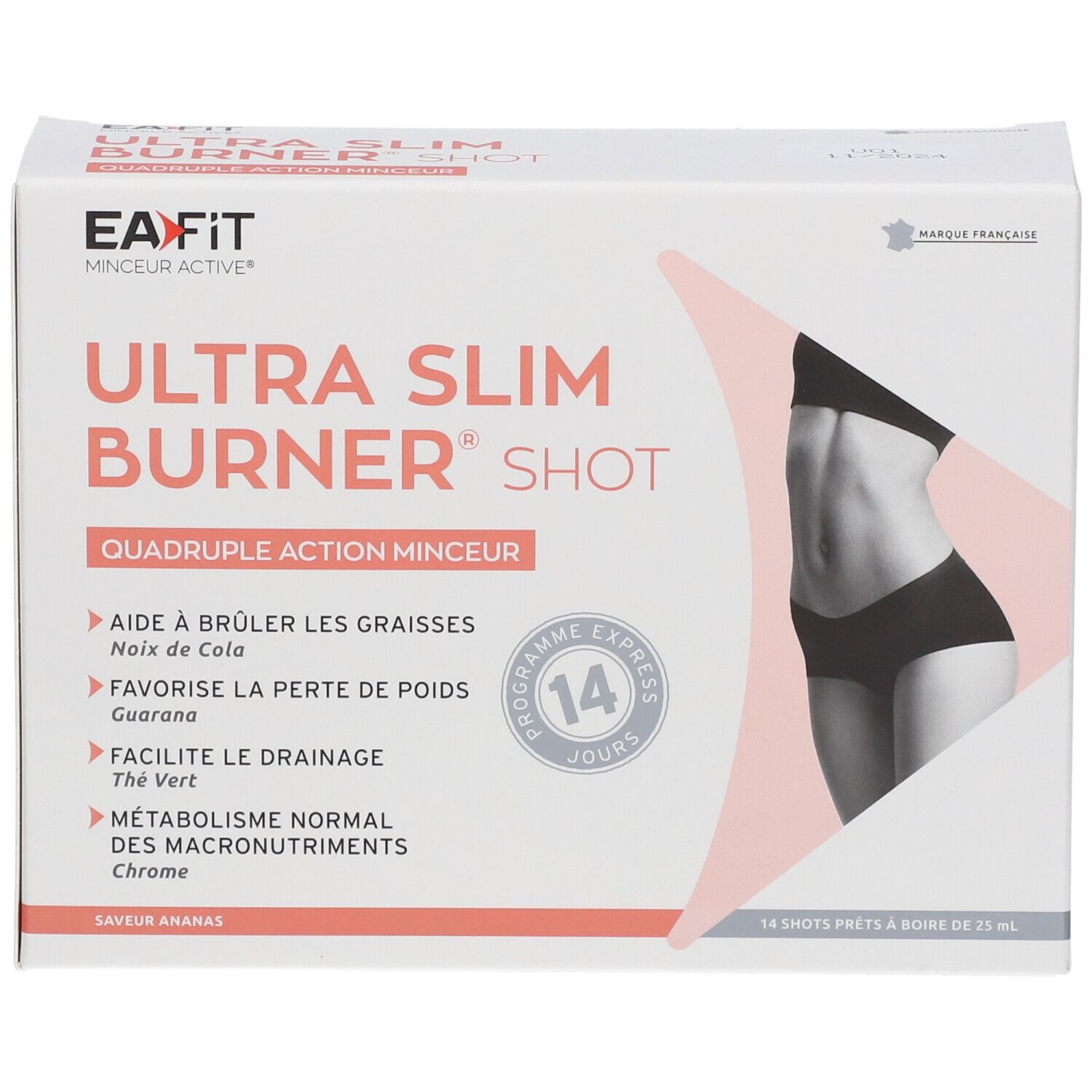 Boîte EA-FIT Ultra Slim Burner Shot. Contient 14 shots. Image d'une femme.