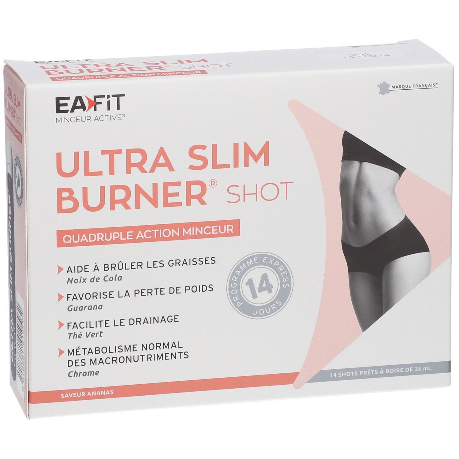 Boîte EA-FIT Ultra Slim Burner Shot. Contient 14 shots. Image d'une femme.