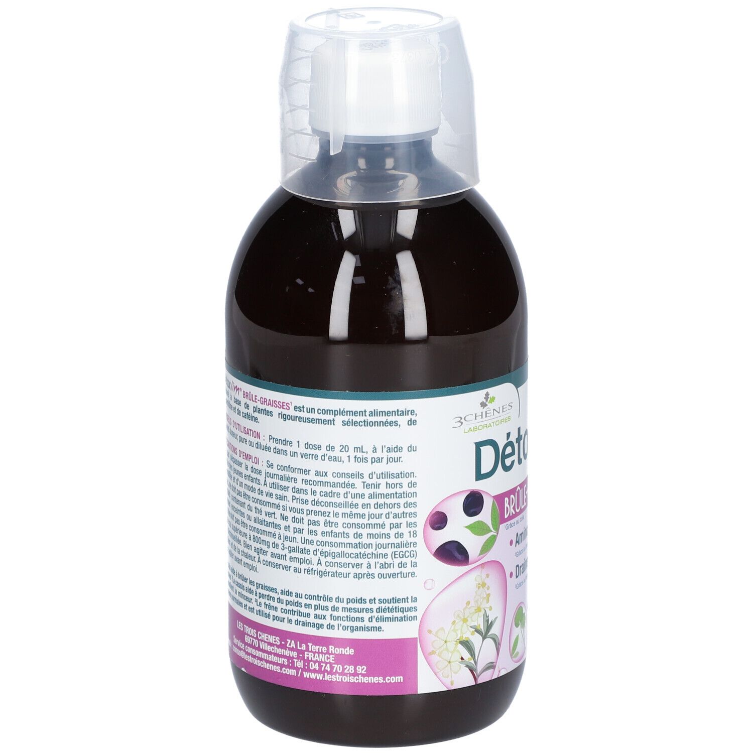 Bouteille Détoxlim Brûle-graisses avec bouchon doseur. Ingrédients, conseils d'utilisation. Logo 3 CHÊNES. Texte: Amincisseur, Draineur.