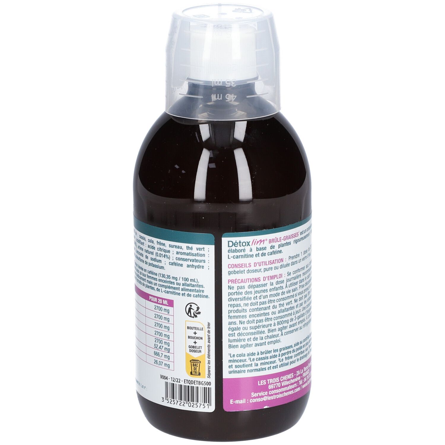 Dos de la bouteille Détoxlim Brûle-graisses. Ingrédients, informations nutritionnelles, avertissements. Logo 3 CHÊNES. Conseils d'utilisation.