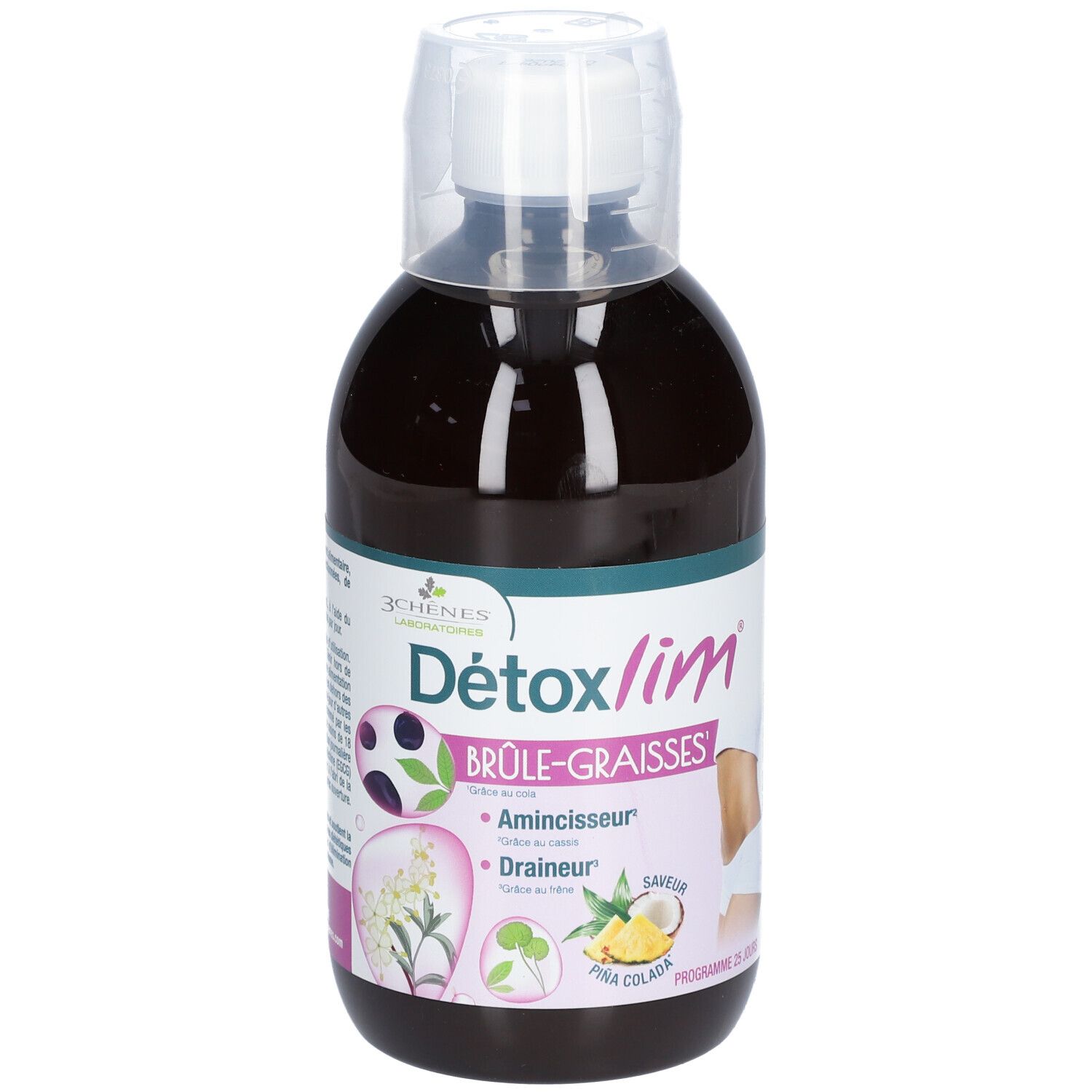 Bouteille Détoxlim Brûle-graisses avec bouchon doseur. Inscription: Amincisseur, Draineur. Logo 3 CHÊNES. Saveur Pina Colada.