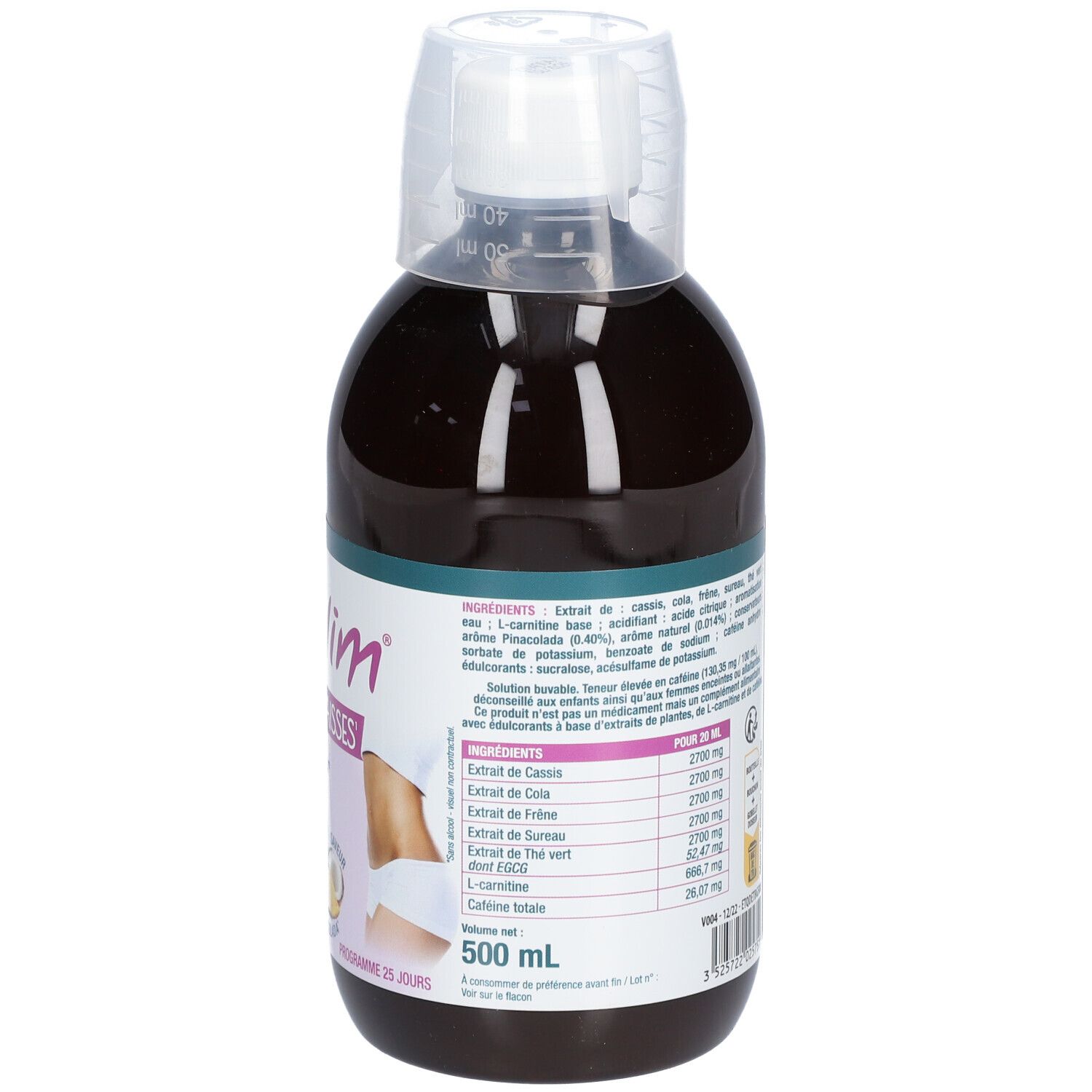 Dos de la bouteille Détoxlim Brûle-graisses. 500 ml. Ingrédients, informations nutritionnelles. Logo 3 CHÊNES. Conseils d'utilisation.