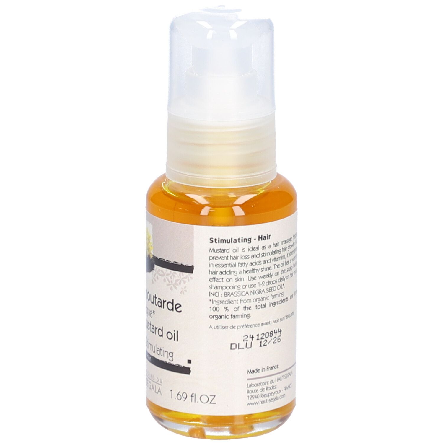 Klarflüssiges Öl in einer Flasche mit Sprühkopf. Etikett mit Text und Logos. Bio-Zertifizierung.