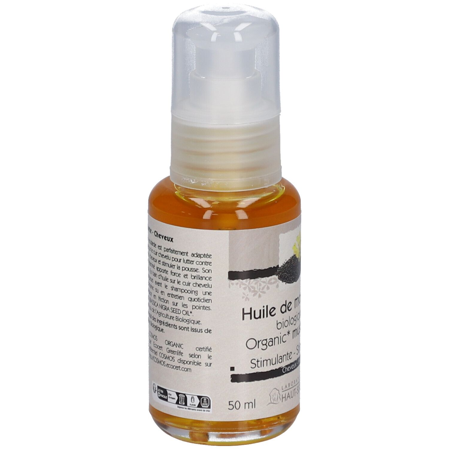 Klarflüssiges Öl in einer Flasche mit Sprühkopf. Etikett mit Text und Logos. Bio-Zertifizierung.