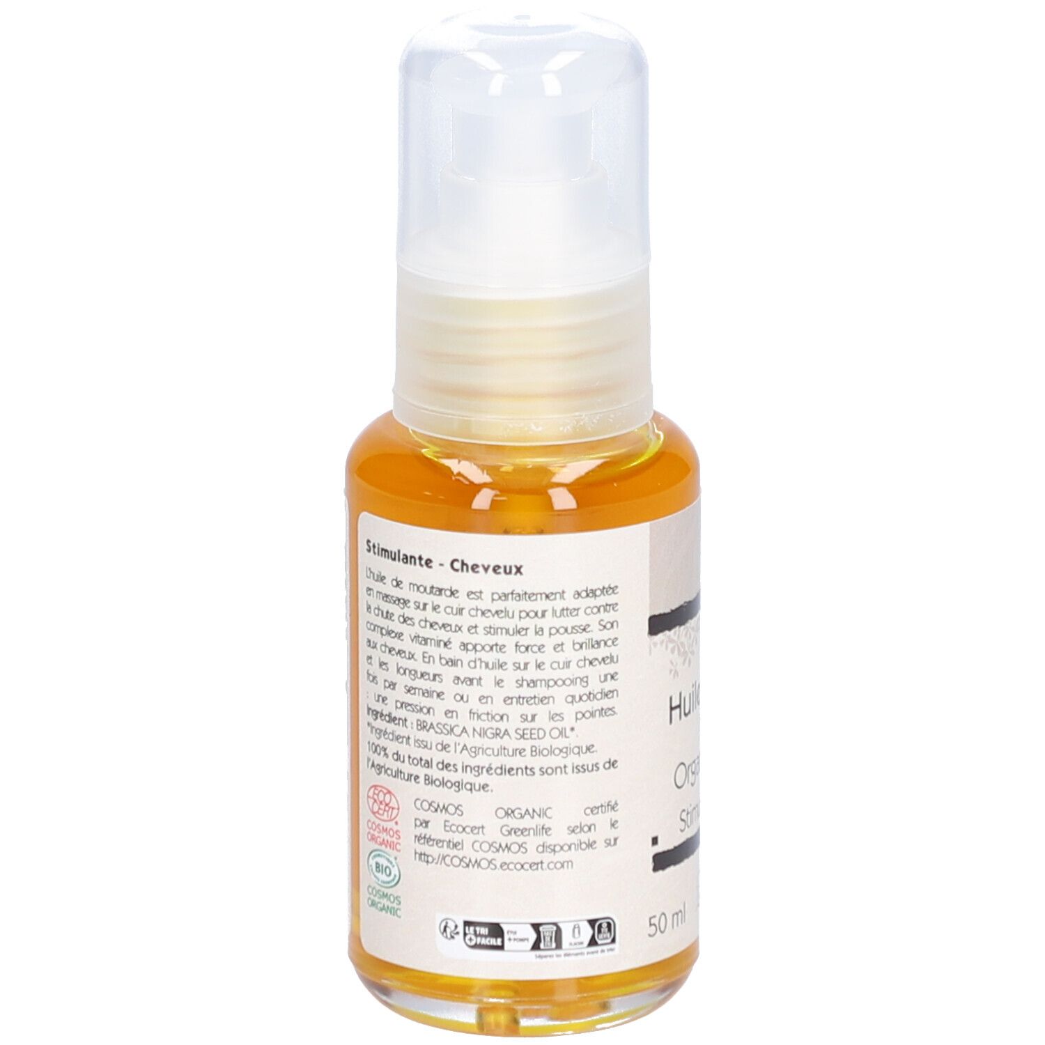 Klarflüssiges Öl in einer Flasche mit Sprühkopf. Etikett mit Text und Logos. Bio-Zertifizierung.