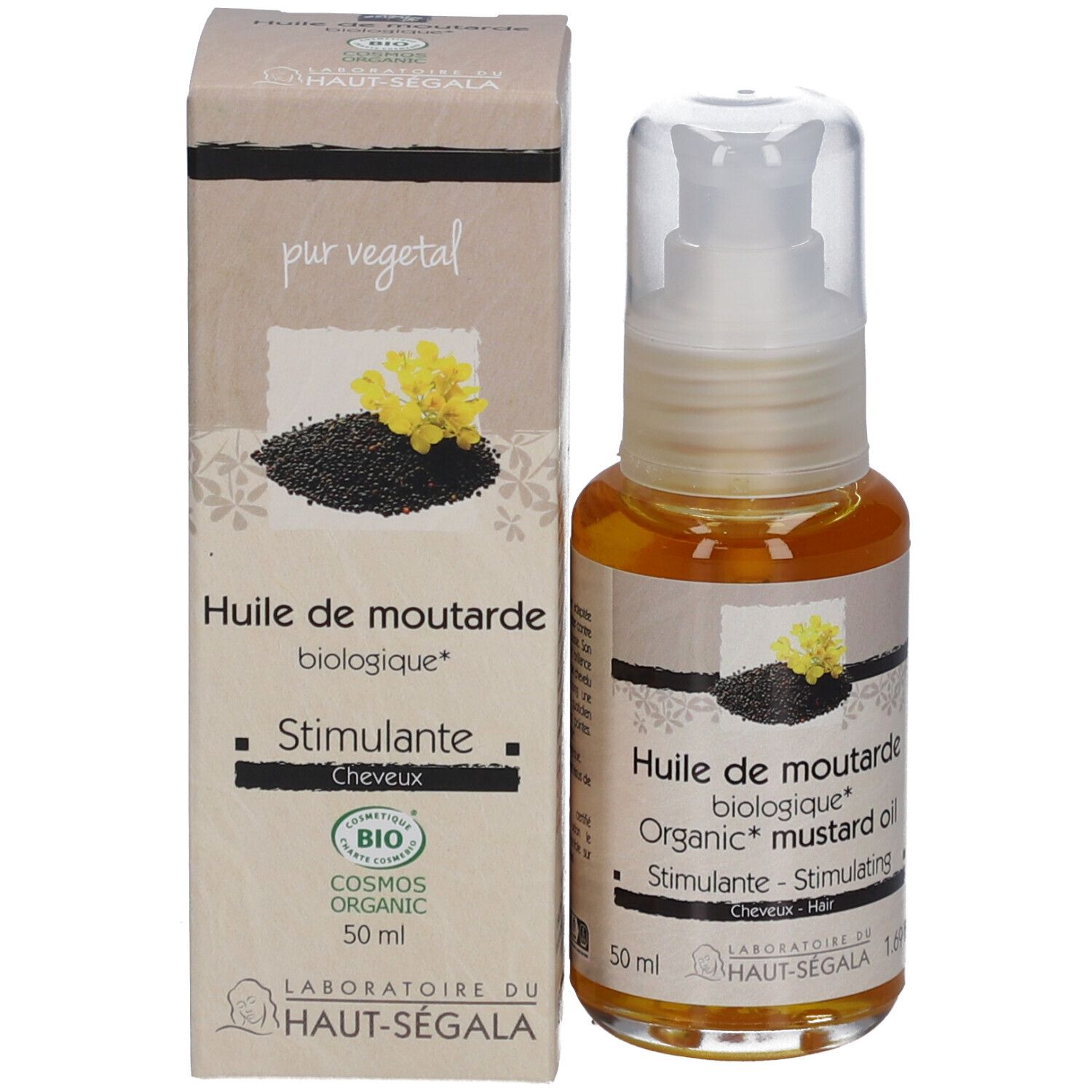 Produktflasche und Verpackung. Flasche mit Sprühkopf, daneben Karton. Text und Logos. Bio-Zertifizierung.