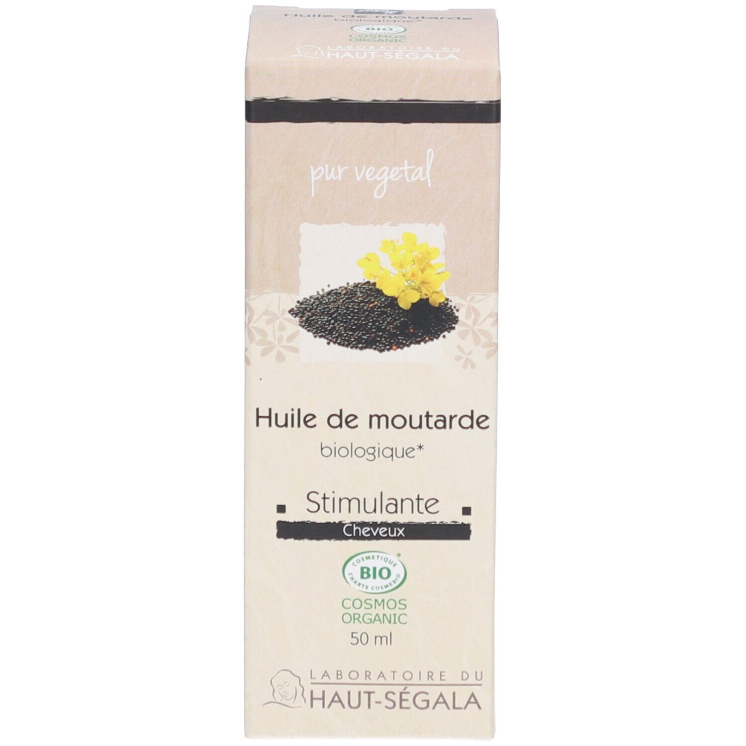 Kartonverpackung mit Text, Logos und Bio-Zertifizierung. Abbildung von Senfkörnern und gelber Blüte.