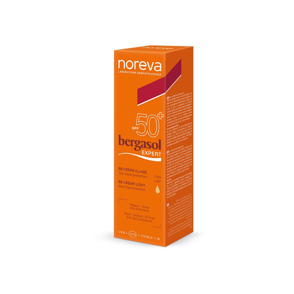Emballage orange. Inscription: noreva, bergasol EXPERT, BB crème claire, SPF50+. Teinte claire. Protection UV.