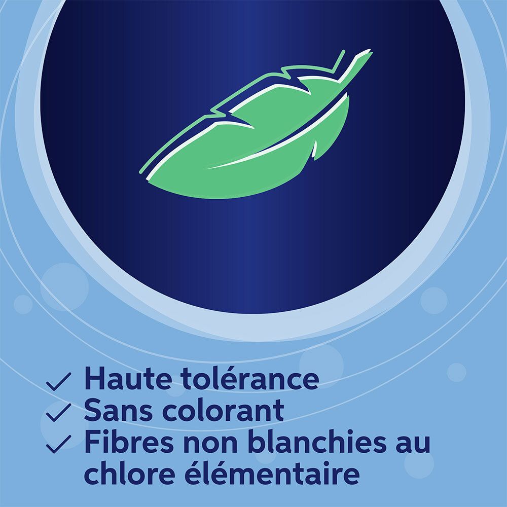 Symbole de feuille verte. Texte: Haute tolérance, sans colorant, fibres non blanchies au chlore élémentaire.