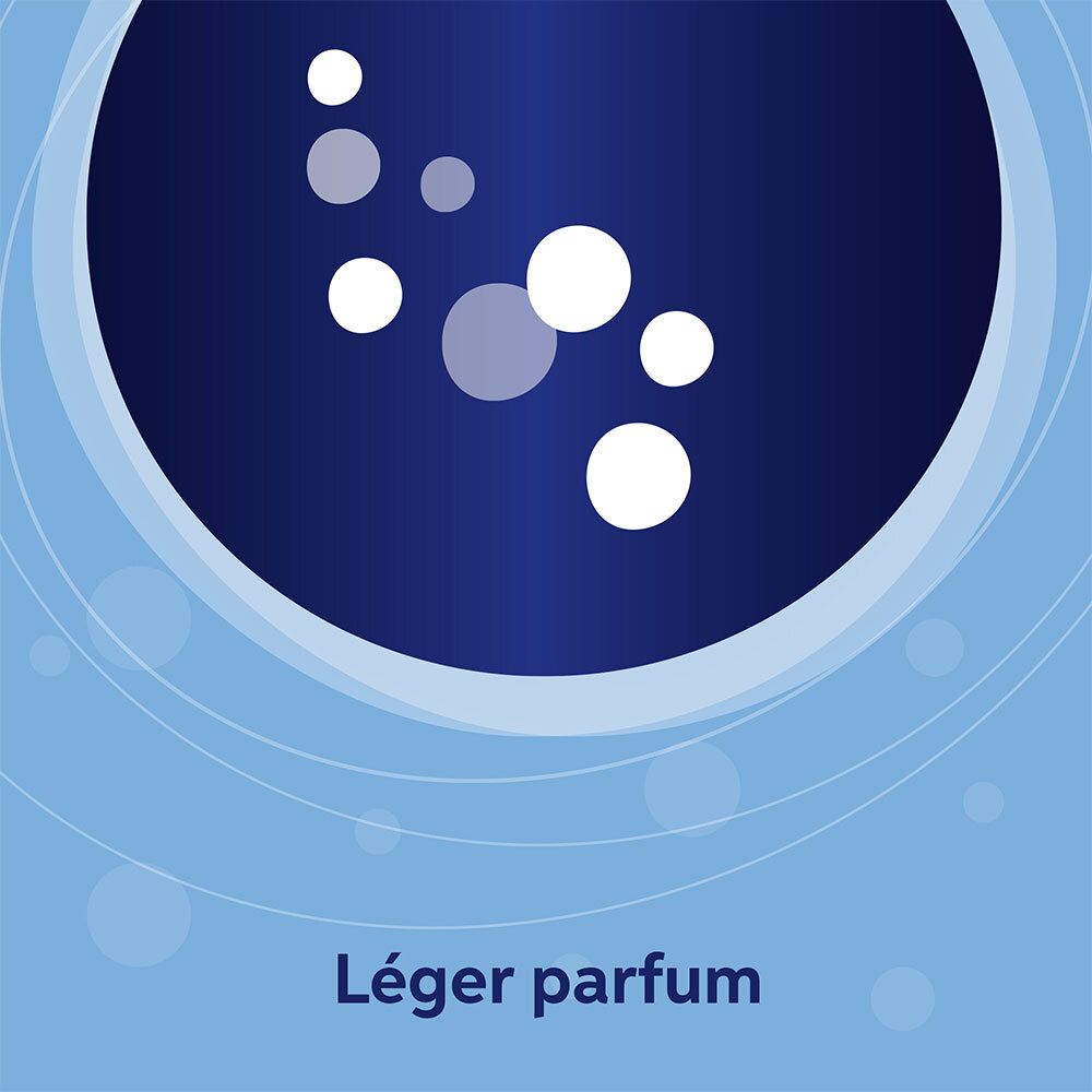 Graphique avec cercles blancs. Texte: Parfum léger. Fond bleu avec cercles.