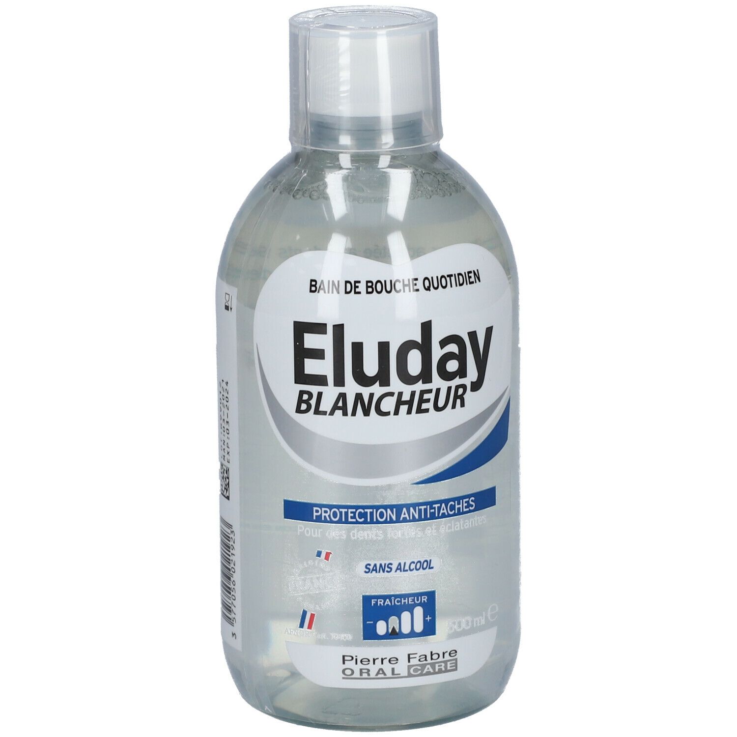 Flacon transparent avec bouchon blanc. Étiquette "Eluday Blancheur" et "Protection Anti-Taches".