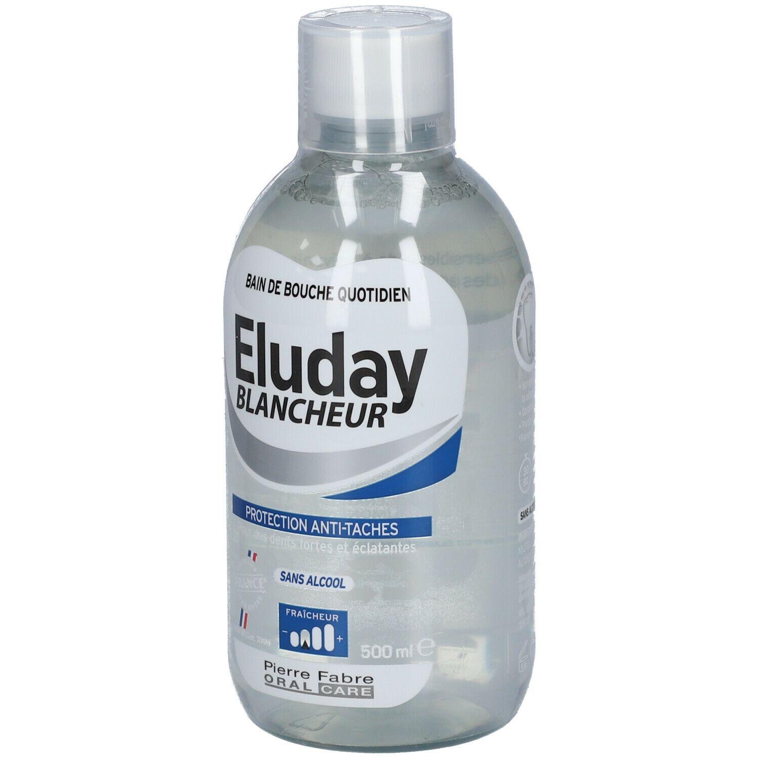 Flacon transparent avec bouchon blanc. Étiquette "Eluday Blancheur", "Protection Anti-Taches" et indication de volume.