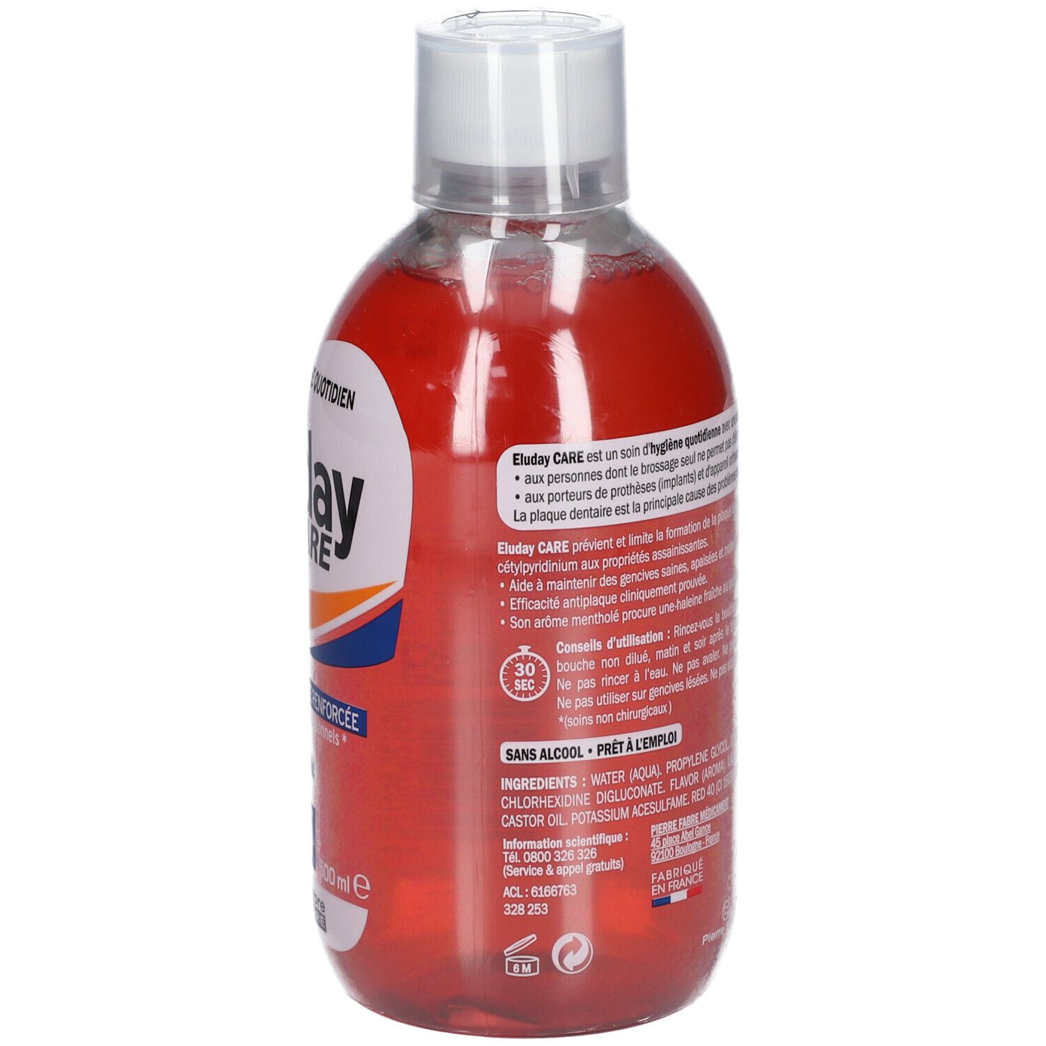 Flacon de bain de bouche rouge, dos. Informations textuelles, ingrédients et conseils d'utilisation. Bouchon transparent.
