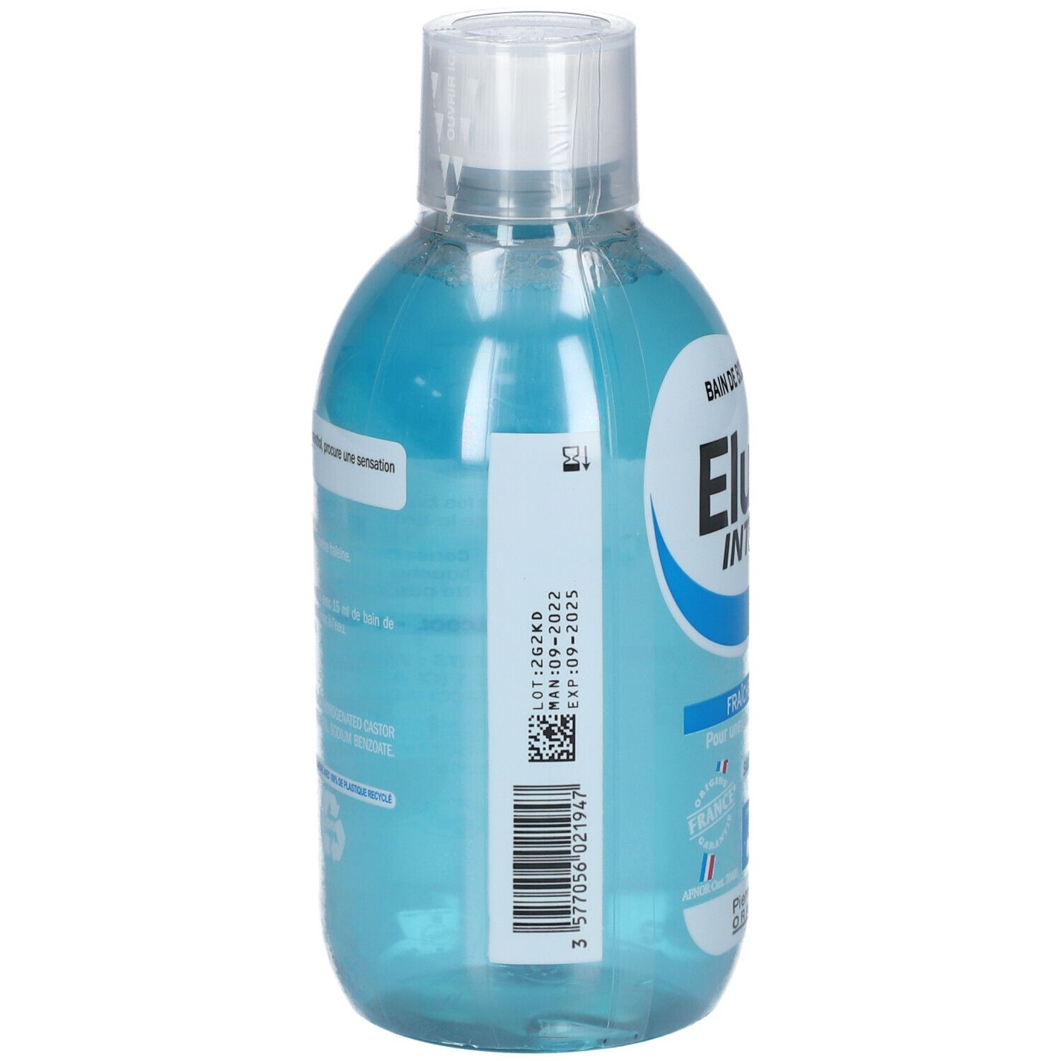 Dos du flacon de bain de bouche. Étiquette avec informations, code-barres et date de péremption. Liquide bleu visible.