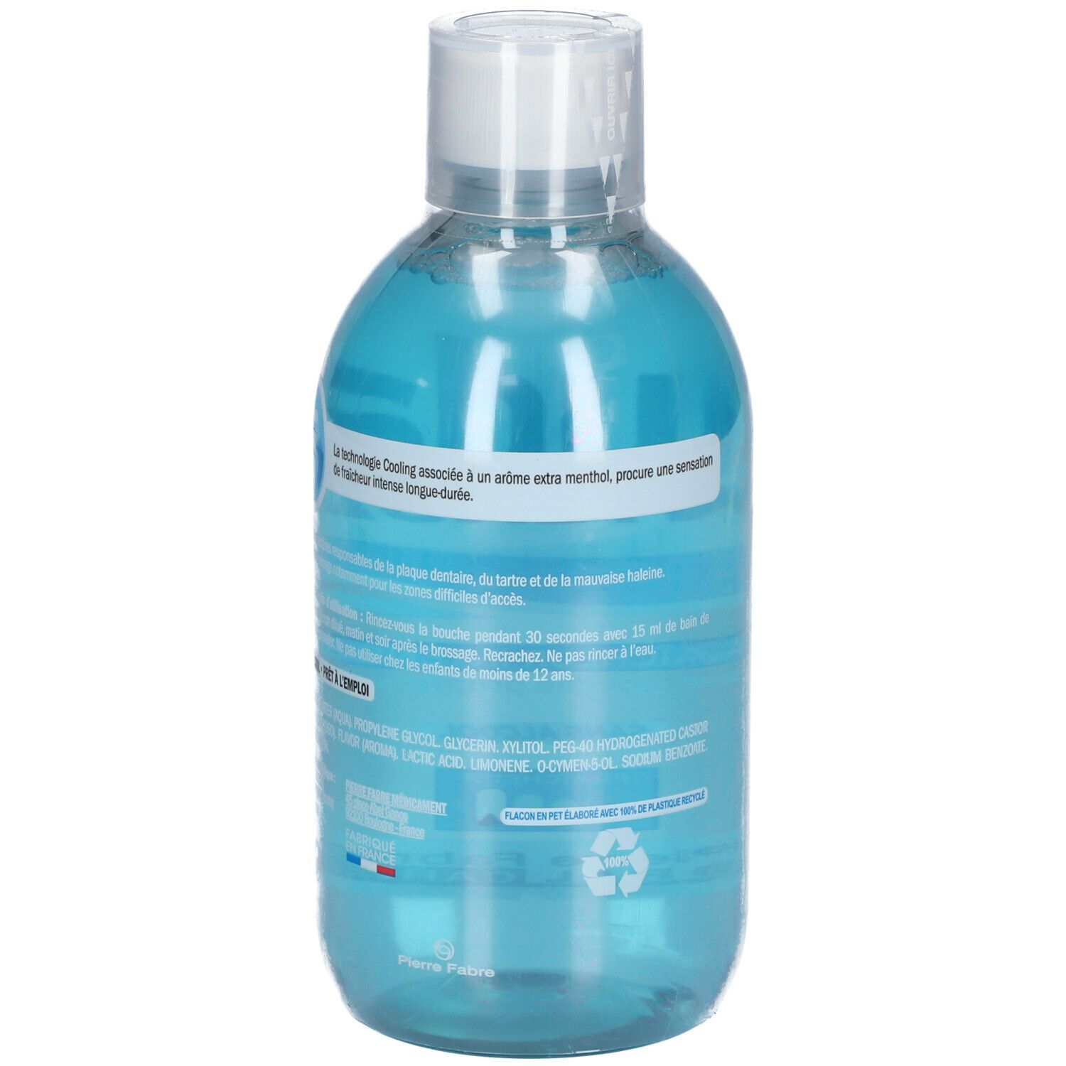 Dos du flacon de bain de bouche. Informations textuelles, ingrédients et symbole de recyclage. Liquide bleu visible.