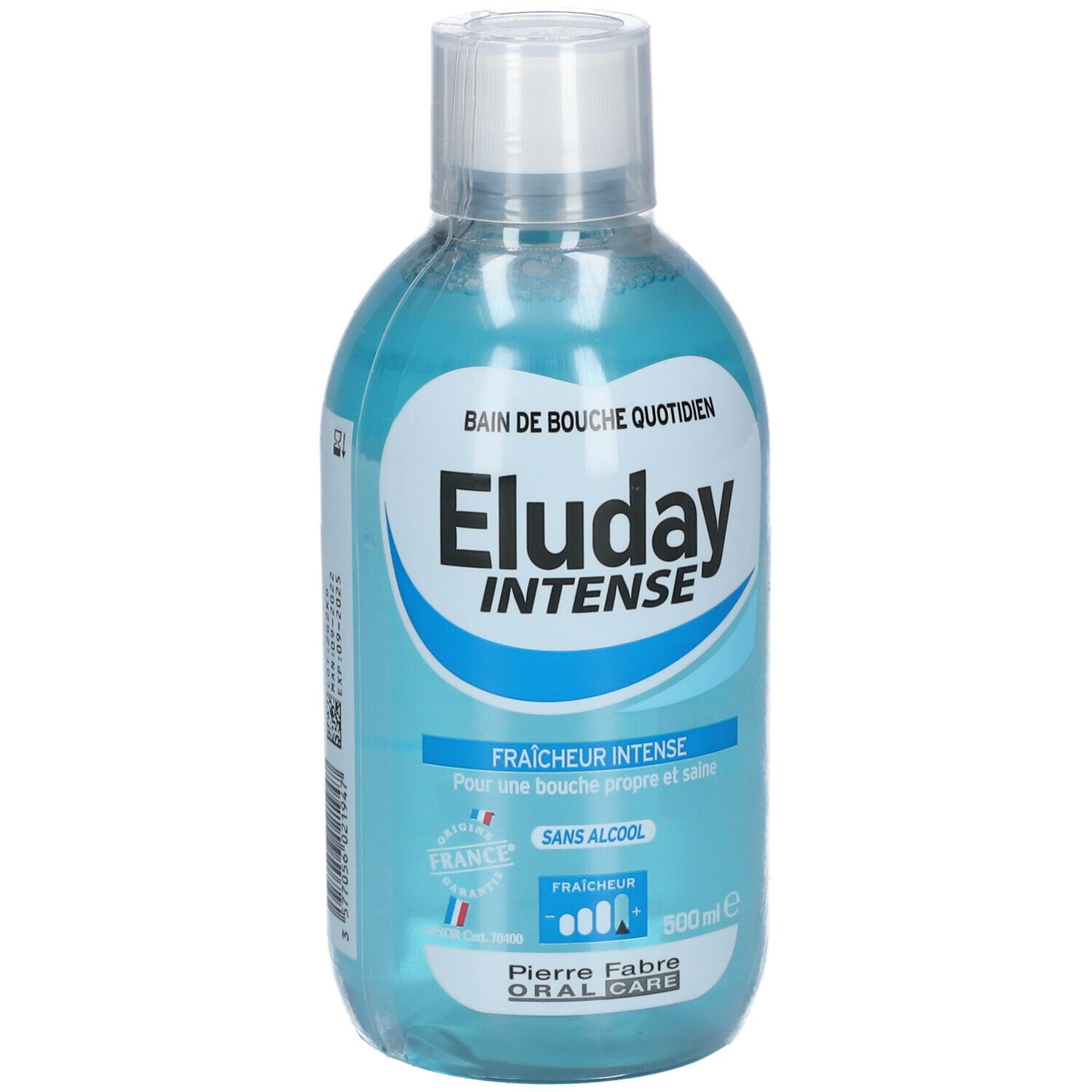 Flacon de bain de bouche bleu, bouchon blanc. Inscription: Eluday Intense, Bain de Bouche Quotidien, Sans Alcool.