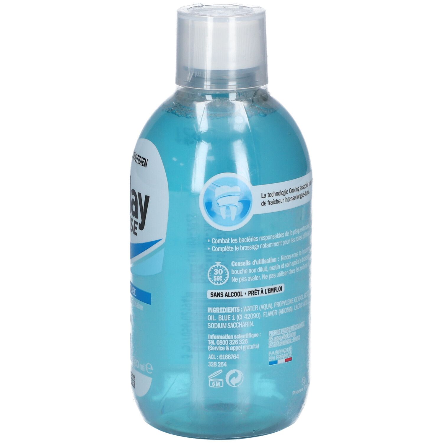 Dos du flacon de bain de bouche. Informations textuelles, ingrédients et symbole de recyclage. Liquide bleu visible.