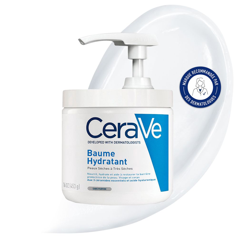 Pot blanc avec pompe. Inscription CeraVe, Baume Hydratant. Recommandé par les dermatologues.