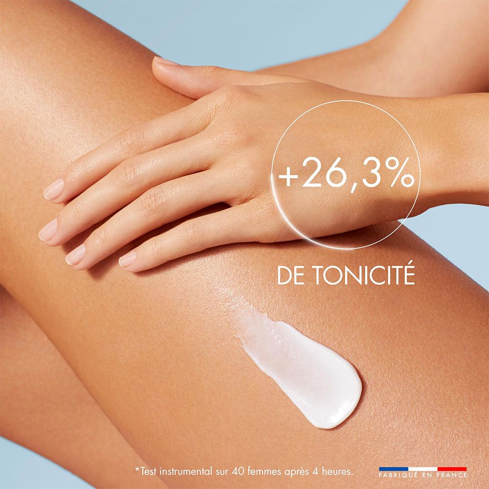 Bein mit aufgetragener Creme. Text: +26,3% de tonicité.