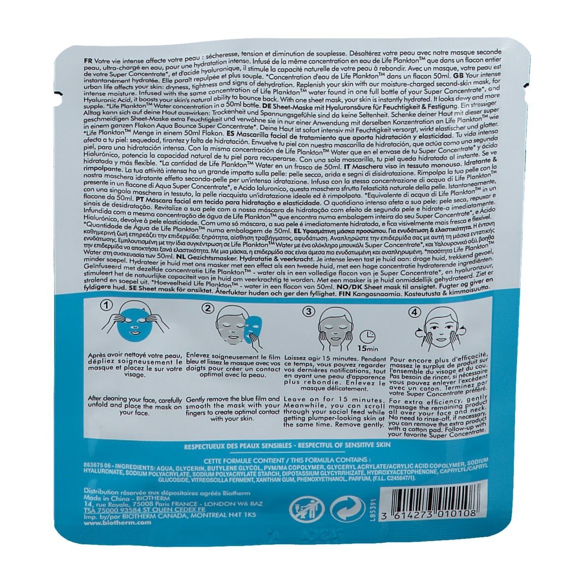 Rückseite der BIOTHERM AQUA Bounce Flash Mask. Text in mehreren Sprachen. Anwendungshinweise und Inhaltsstoffe.