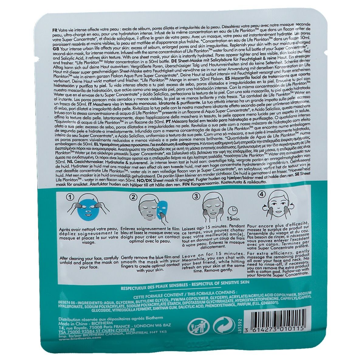 Dos de la BIOTHERM Aqua Pure Flash Mask. Texte multilingue. Instructions illustrées. Ingrédients et logos.