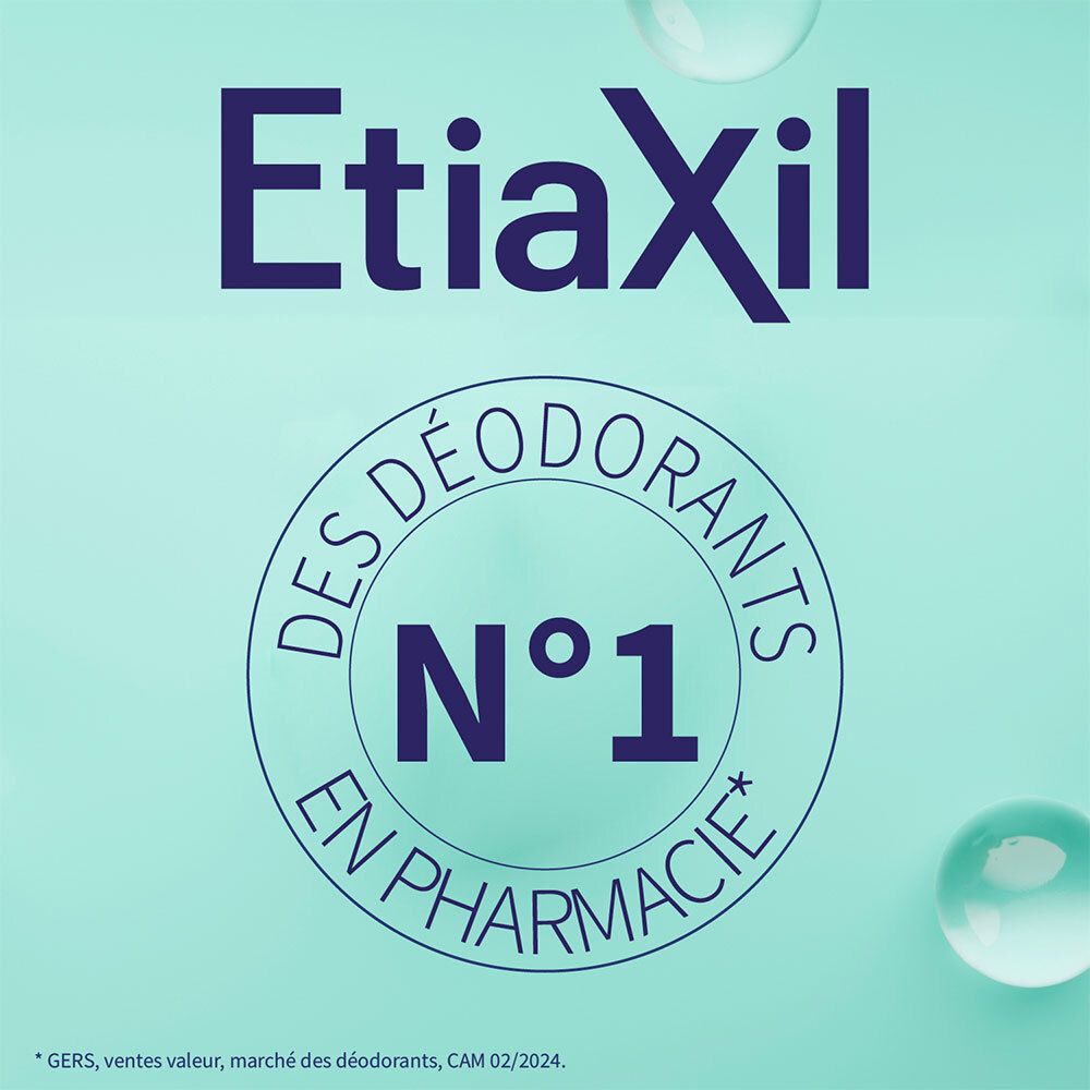 N°1 des déodorants en pharmacie. Logo bleu avec texte. Fond bulles d'eau.