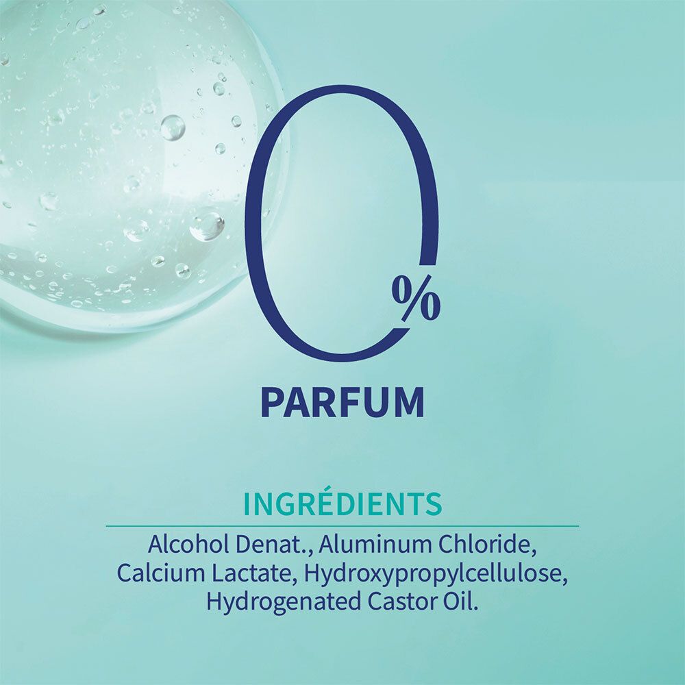 0% parfum. Ingrédients : Alcool Denat., Chlorure d'aluminium, Lactate de calcium, etc. Fond bleu.