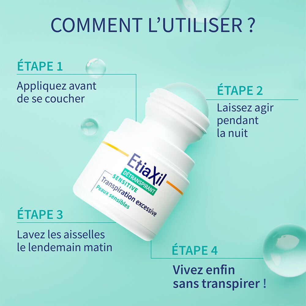 Comment utiliser ? 1. Appliquer avant de dormir. 2. Laisser agir la nuit. 3. Laver les aisselles. 4. Sans transpirer !