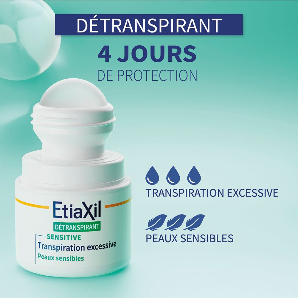 EtiaXil Détranspirant, roll-on. 4 jours de protection. Peaux sensibles. Transpiration excessive.