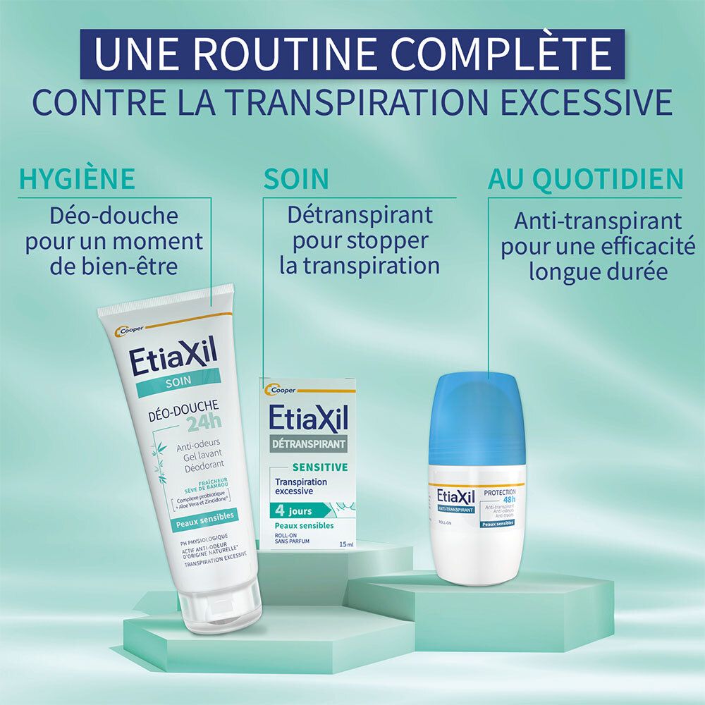 Gamme EtiaXil : gel douche, déodorant, détranspirant. Contre la transpiration excessive.