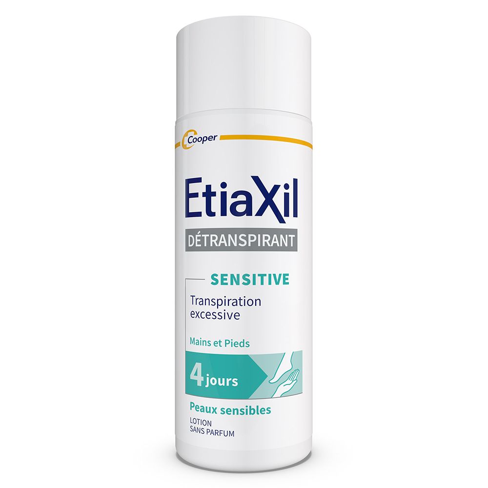 Etiaxil Détranspirant. Flacon blanc avec bouchon blanc. Pour peaux sensibles, mains et pieds.