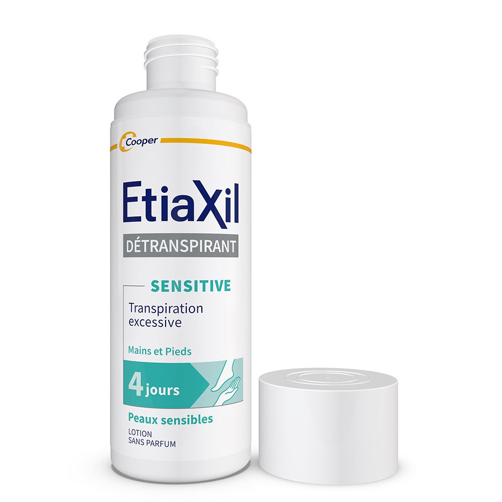 Etiaxil Détranspirant. Flacon blanc, bouchon à côté. Pour peaux sensibles, mains et pieds.