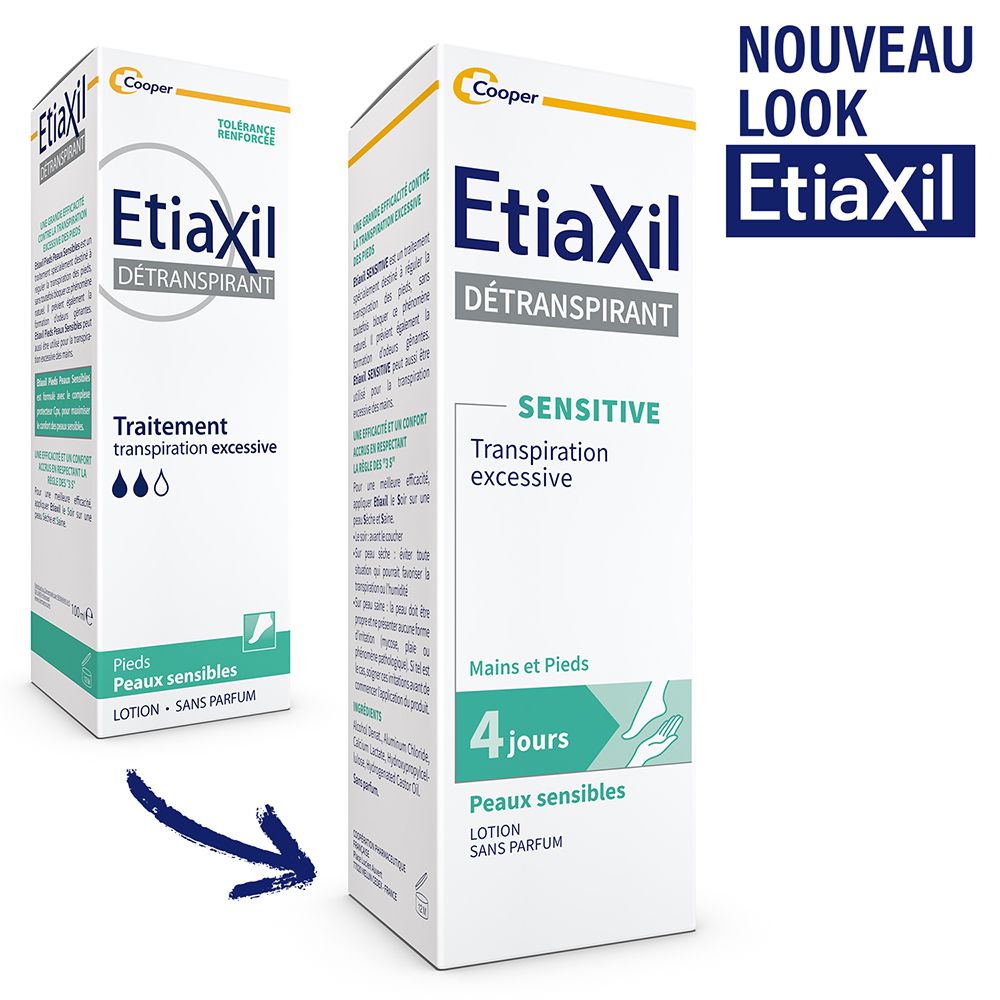 Etiaxil Détranspirant. Produit et emballage. Pour peaux sensibles, mains et pieds. Nouveau look.