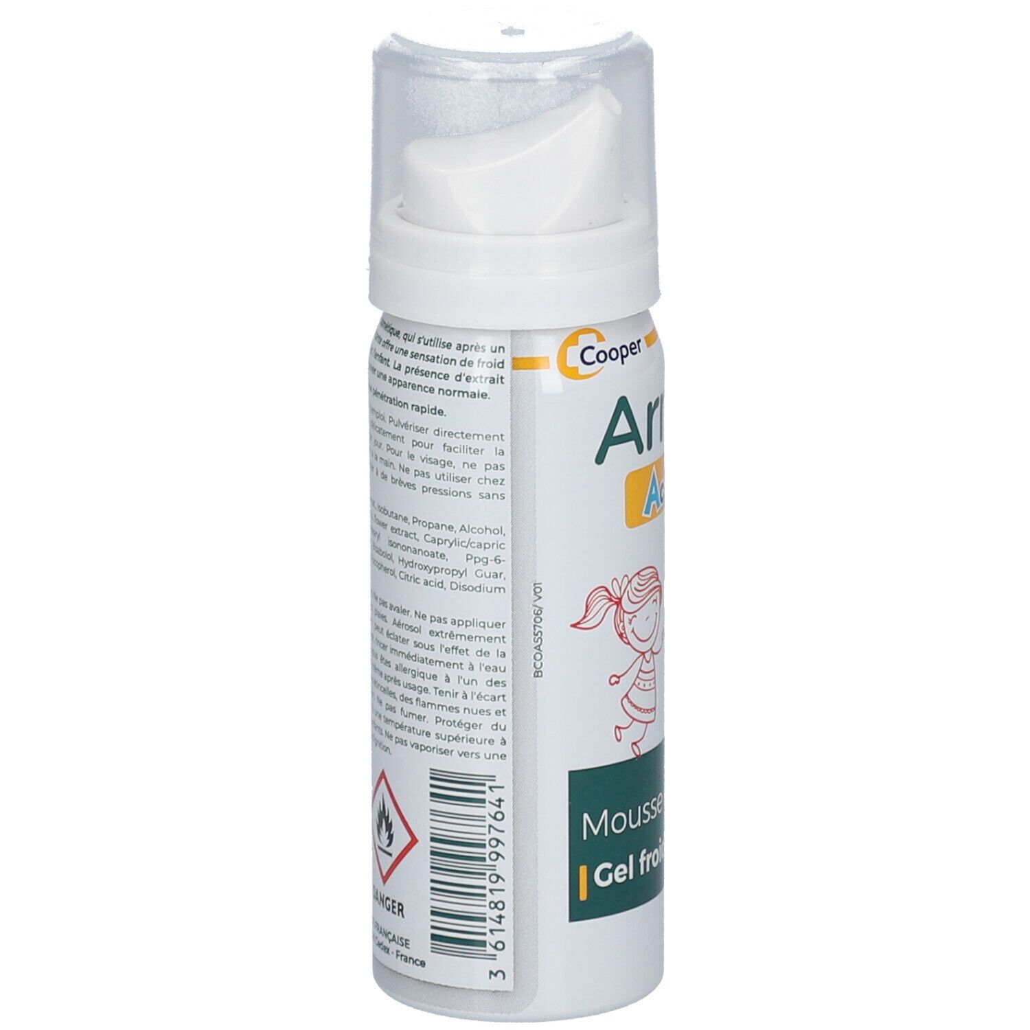 Witte sprayfles. Opschrift: Arnican Actifroid. Tekst en waarschuwingen op de achterkant. Gevaarsymbool.